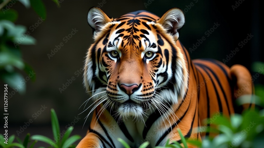 Majestic Portrait of a Sumatran Tiger in a Zoo Surrounded by Greenery Majestic Portrait of a Sumatran Tiger in a Zoo Surrounded by Greenery