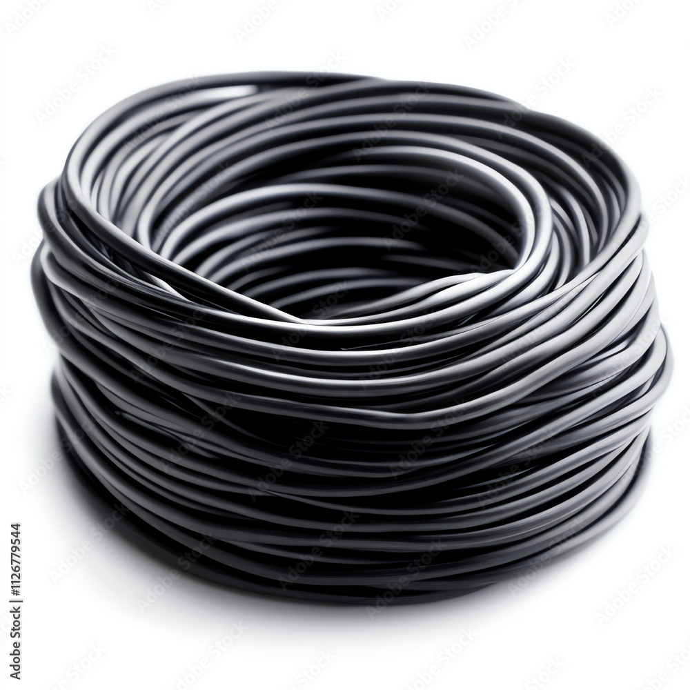 A coil of black wire arranged neatly for versatile industrial use. A coil of black wire arranged neatly for versatile industrial use.