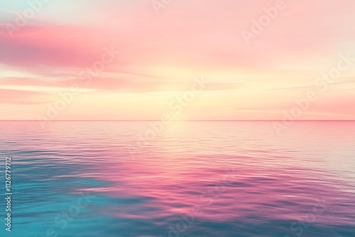 A serene seascape at sunset with soft pastel colors reflecting on calm waters.