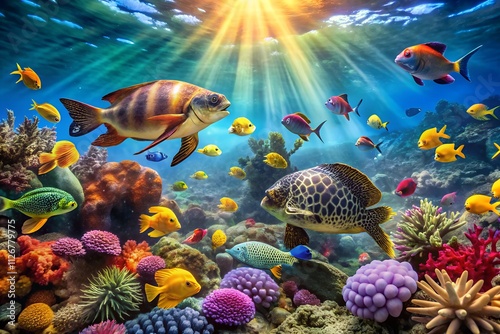 Vibrant Coral Reef with Fish, Sea Turtles, and Sunlight Streaming Through Clear Water