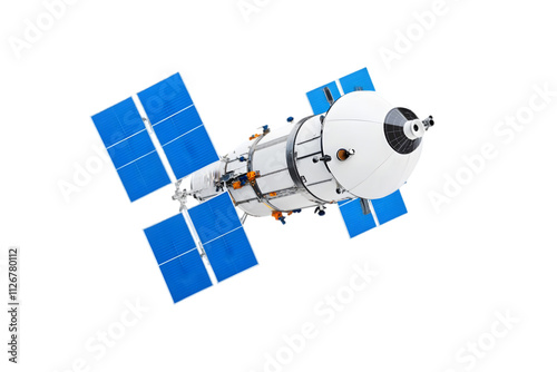 Modern Satellite with Blue Solar Panels Isolated on White Background

 photo