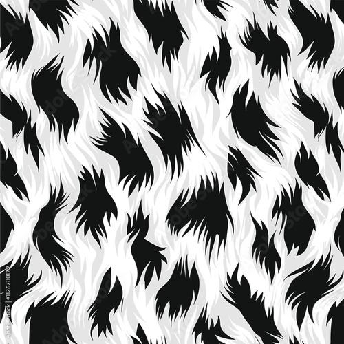 Black and white leopard fur pattern, a seamless texture for print design. High-resolution vector illustration of a fluffy feline skin with soft, organic lines