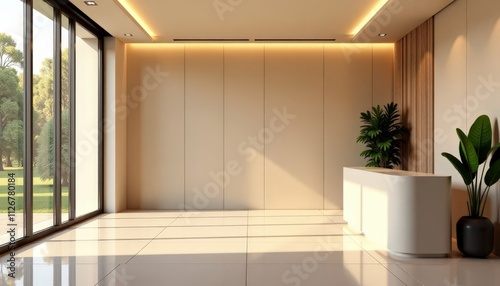 Modern Reception Interior with Beige Walls and Tiled Floor and Natural Lighting