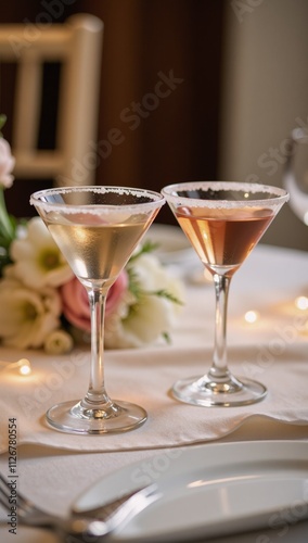 Elegant display of cocktail shooters with sugar rims on decorative wedding reception table