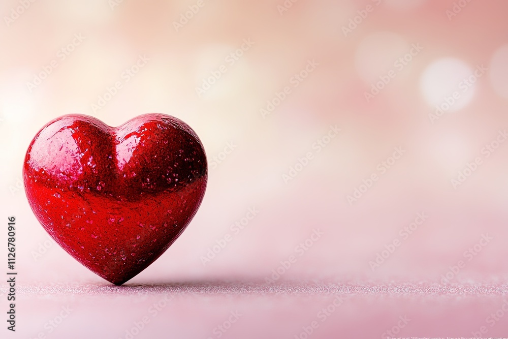 single red heart rests on smooth pastel pink background softly glowing under diffused light surrounded by generous