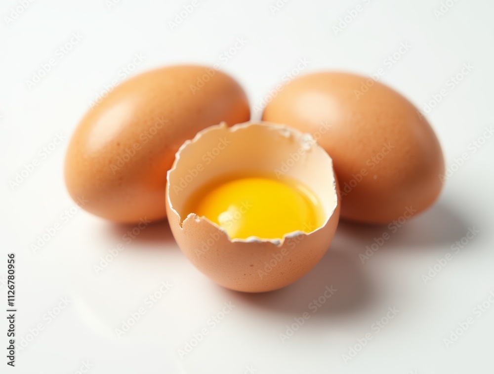 Fresh brown eggs with a cracked shell and egg yolk spilling out Fresh brown eggs with a cracked shell and egg yolk spilling out