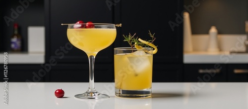 A yellow cocktail resting on a countertop photo