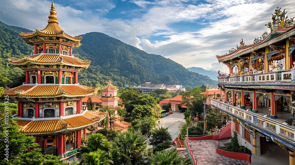 Colorful pagoda temple complex nestled in lush green mountain valley. Colorful pagoda temple complex nestled in lush green mountain valley.