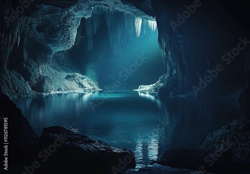 Cinematic photograph of an underground lake in the middle of a massive cave, with dark blue water and rocks, in a fantastical photo