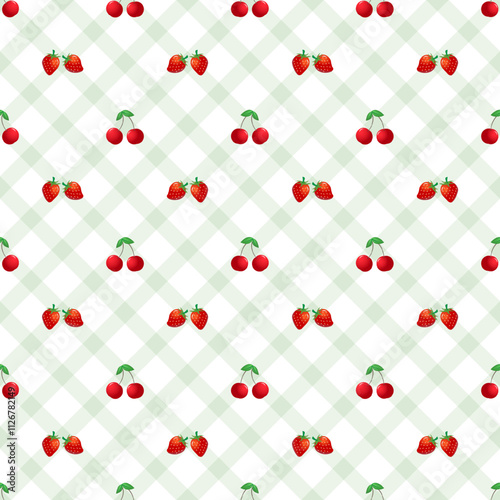 Abstract soft green diagonal lines  or diamond shapes and red cherries and strawberries seamless pattern design on white background, for background, wallpaper or printing.