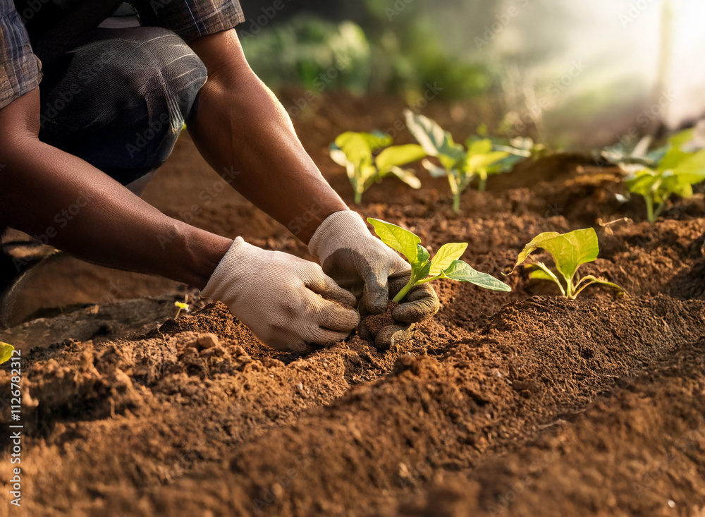 Close-up of hands gently planting a seedling in rich dark soil. Sunlight illuminates the scene, showcasing the careful process of cultivating new life. The gardener's focus is evident in the detailed Close-up of hands gently planting a seedling in rich dark soil. Sunlight illuminates the scene, showcasing the careful process of cultivating new life. The gardener's focus is evident in the detailed