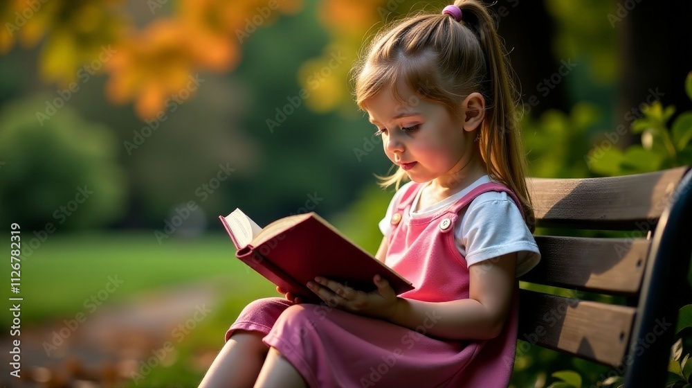A Girl Sitting on a Bench Enjoying Reading a Book in a Tranquil Park Setting A Girl Sitting on a Bench Enjoying Reading a Book in a Tranquil Park Setting