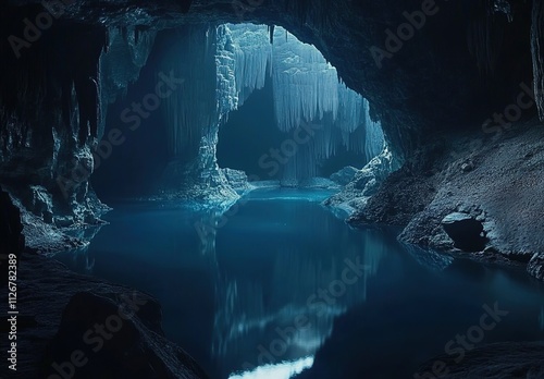 Cinematic photograph of an underground lake in the middle of a massive cave, with dark blue water and rocks, in a fantastical