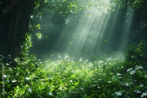 Enchanted Forest Scene with Sunlight Streaming Through Lush Green Foliage and Wildflowers Creating a Mystical Natural Landscapeforest