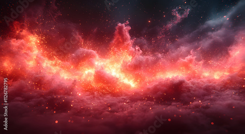 A dramatic red glowing particle explosion on a black background, showcasing a dynamic burst of energy, light, and motion, ideal for abstract designs, futuristic concepts, and vibrant visual effects. 