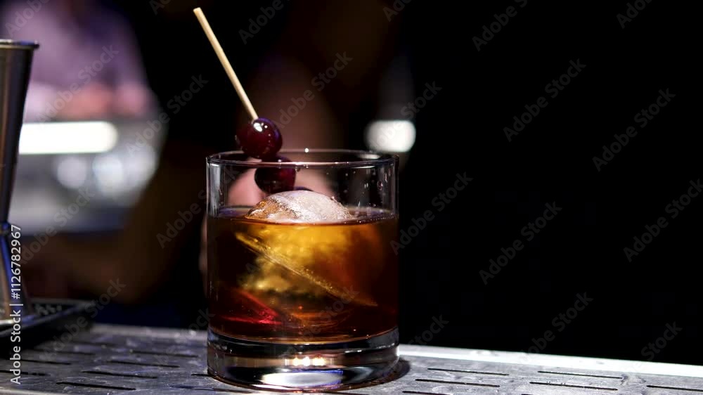Hands, bartender and lemon in cocktail for drink preparation, beverage and closeup in pub. Alcohol, glass and barman with fruit slice on ice to garnish old fashioned whiskey on rocks for decor or art