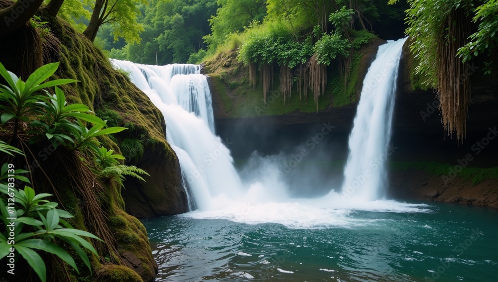 Fototapeta premium A waterfall amid lush rainforest landscape depicted using colorful textured craft quilting materials