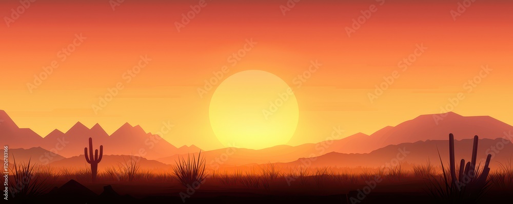 A vibrant sunset over a desert landscape, featuring silhouettes of mountains and cacti against a colorful sky. A vibrant sunset over a desert landscape, featuring silhouettes of mountains and cacti against a colorful sky.