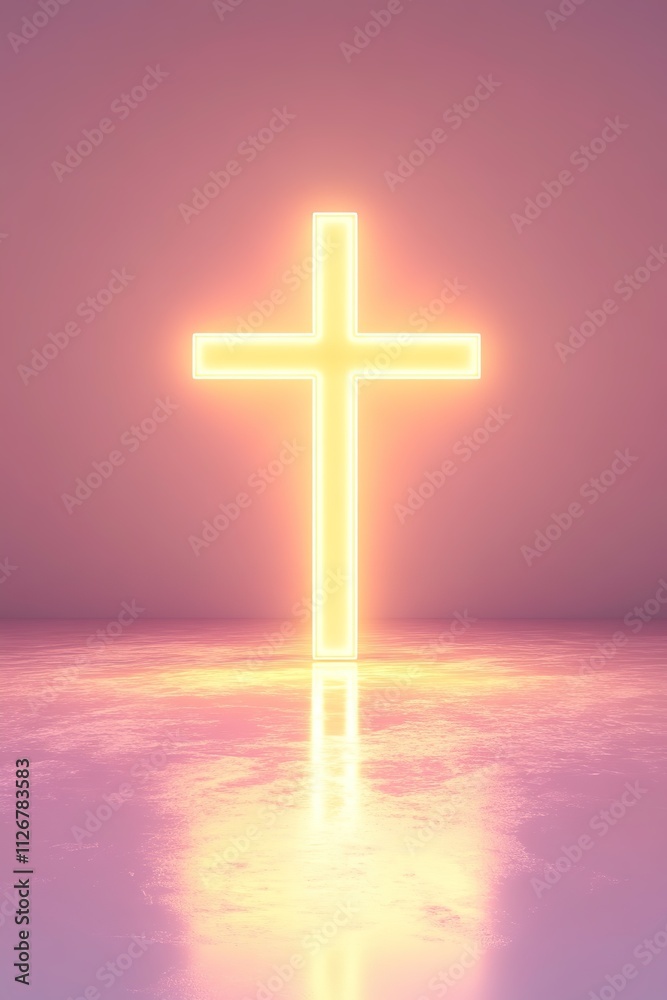 glowing cross outline on smooth pastel background is softly illuminated surrounded by abundant copy space glowing cross outline on smooth pastel background is softly illuminated surrounded by abundant copy space