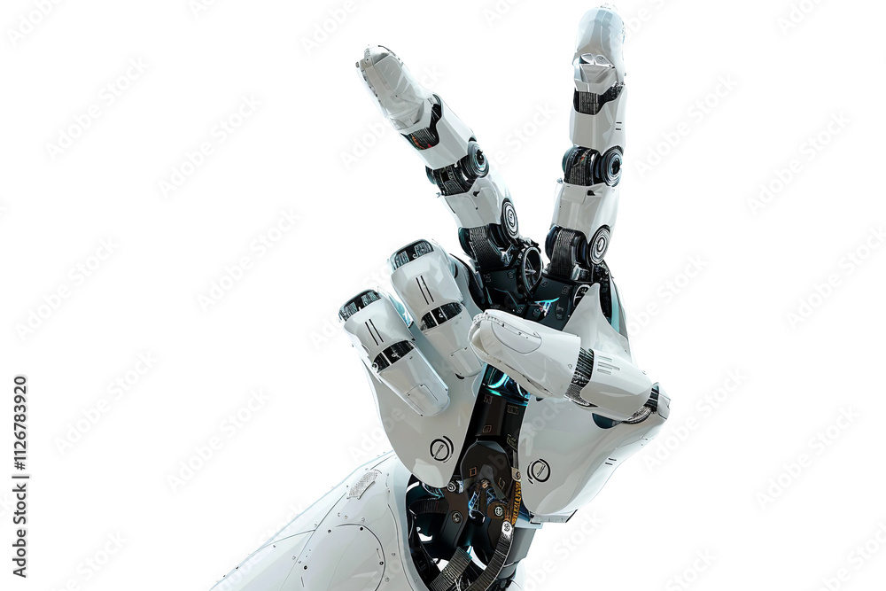 Mechanical robotic hand making a peace sign with elegance isolated on transparent background Mechanical robotic hand making a peace sign with elegance isolated on transparent background