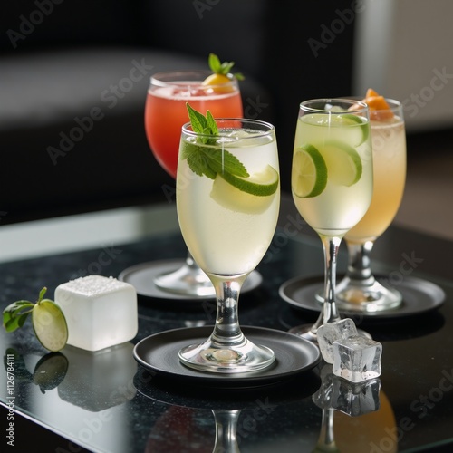 Cocktail display with alcohol limes ice and mint