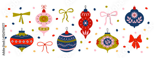 Christmas tree toys and bows. Retro vintage hand-drawn baubles, decorations, garland, ribbons, confetti. Bright colors. Vector isolated on white.