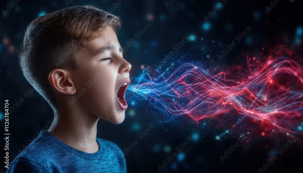 Fototapeta premium Artistic Rendering of Stuttering Therapy Glowing Language Visuals Showcasing Articulation and Skill Development in Children Innovative techniques for speech therapy, fluency building, and