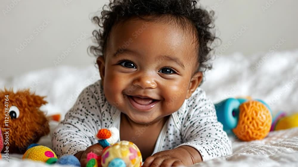 Innocent Joy: A captivating photo of a happy baby with bright eyes and a radiant smile, surrounded by colorful toys. The image evokes feelings of pure joy, innocence, and childhood wonder. Innocent Joy: A captivating photo of a happy baby with bright eyes and a radiant smile, surrounded by colorful toys. The image evokes feelings of pure joy, innocence, and childhood wonder.