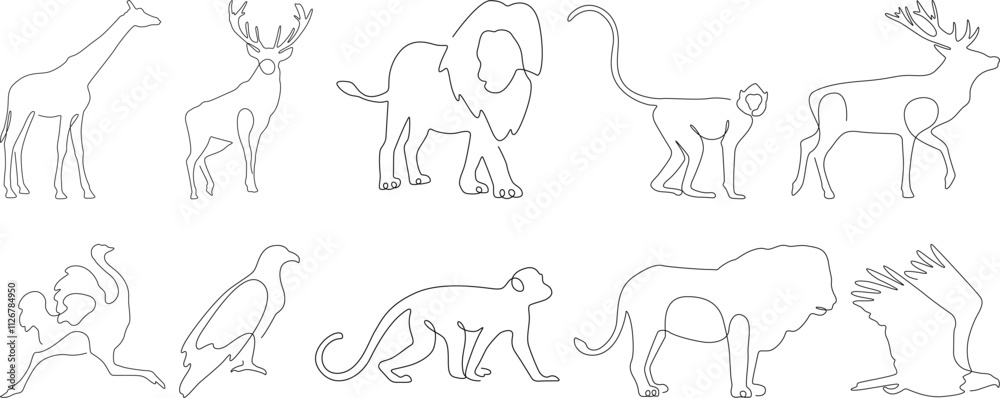 Wildlife animal outline set, minimalistic vector set of giraffe, lion, monkey, eagle, deer, and other animals, editable linear illustrations for design, logos, patterns, and educational use Wildlife animal outline set, minimalistic vector set of giraffe, lion, monkey, eagle, deer, and other animals, editable linear illustrations for design, logos, patterns, and educational use