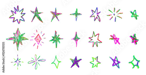 Set of colorful neon chalk drawing stars. Shine or sparkle doodle collection. Children style rainbow wax pencil handdrawing elements of night sky. Vector crayon scratch grunge texture star shapes