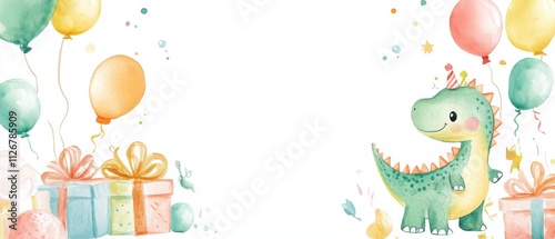 Fototapeta Naklejka Na Ścianę i Meble -  Adorable Dinosaur Birthday Party Watercolor Banner with Balloons and Gifts