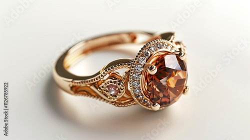 A gorgeous gemstone ring with intricate detailing, isolated on a white background, captured in