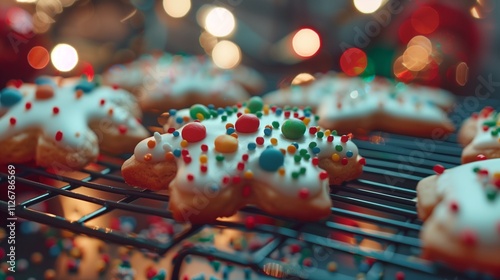 A plate of freshly baked Christmas cookies shaped like stars and trees, dusted with powdered sugar, resting on a festive table with a warm mug of hot cocoa photo