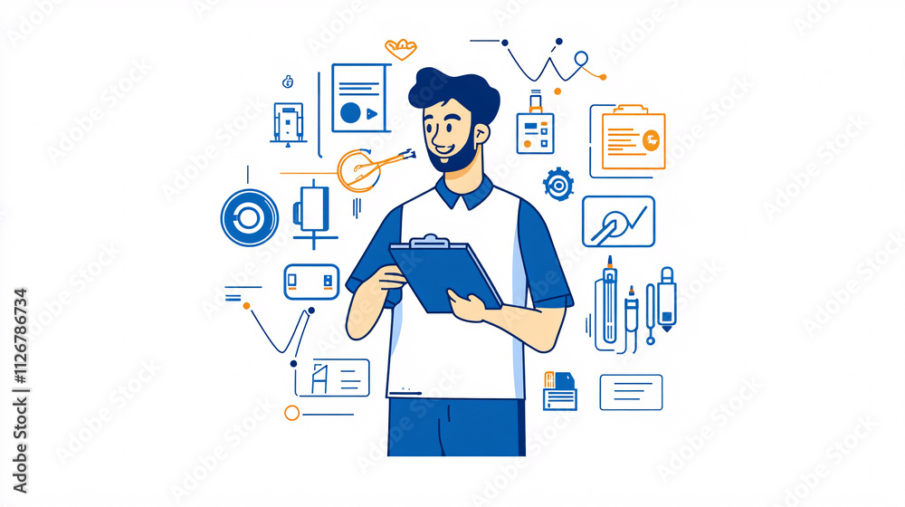 A line-art character of a tech support man holding a clipboard, with minimal tech symbols like settings and tools around him. A line-art character of a tech support man holding a clipboard, with minimal tech symbols like settings and tools around him.