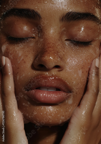 Freckled face of a woman with skincare drops