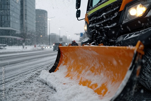 A snow plow moves through a snowy city street, efficiently clearing snow while cars pass by in the background. The scene captures winter's dynamic nature and urban life. photo