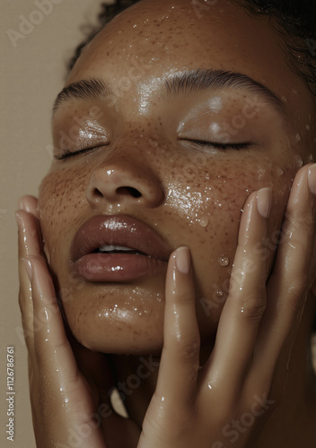 Freckled face of a woman with skincare drops
