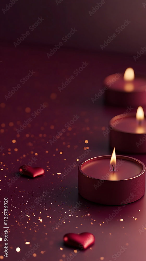 Luxurious Valentine's Day vertical banner background with empty copy space in a deep crimson tone with faint glowing candles, small heart shapes, and a subtle sparkle effect for a romantic ambiance