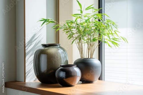 japanese interior design, japanese pottery elegantly showcased on a wooden shelf in a room with washi paper panels and a bamboo plant photo