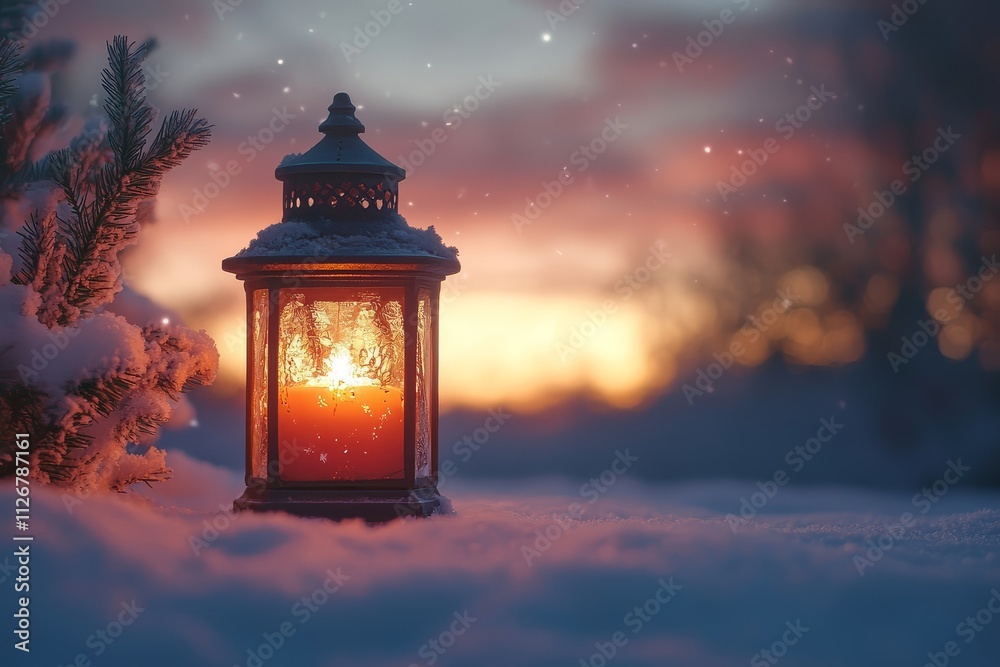 Beautiful lantern illuminating a snow-covered landscape, creating an enchanting winter scene with a magical glow for a festive Christmas night. Beautiful lantern illuminating a snow-covered landscape, creating an enchanting winter scene with a magical glow for a festive Christmas night.