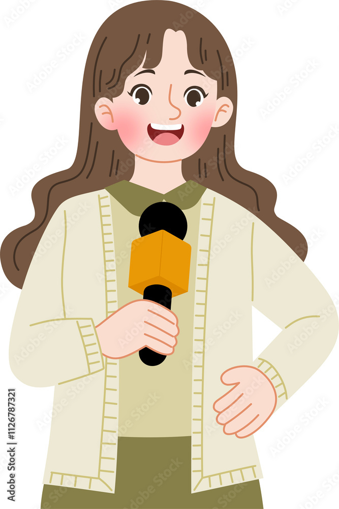 Cute female news reporter cartoon character illustration