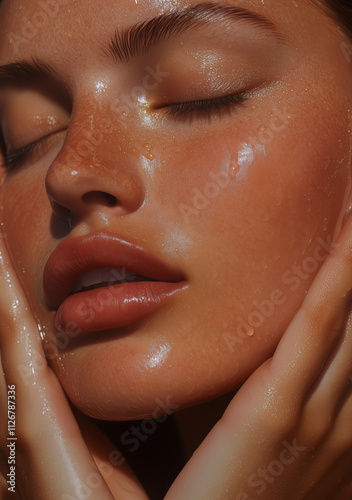 Sunlit woman with wet glowing skin