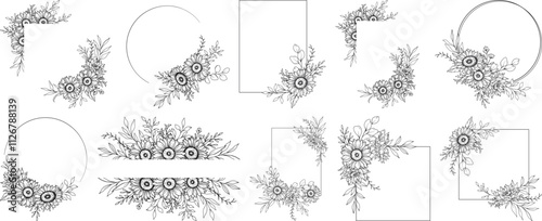 Floral frame and border collection, elegant vector set of flower wreaths, corner decorations, and circular or rectangular arrangements for wedding invitations, cards, logos, and graphic design