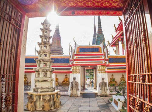Picture of pagodas in Wat Pho in Bangkok, Thailand, one of Thailand's oldest temples.