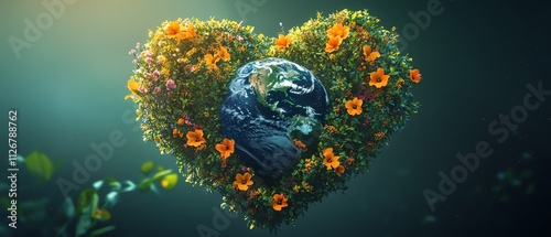 A heartshaped Earth floating in space with intertwining vines and flowers, symbolizing the harmony of love and environmental preservation photo