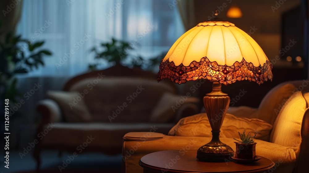 Illuminated Tiffany Style Lamp On Side Table Illuminated Tiffany Style Lamp On Side Table
