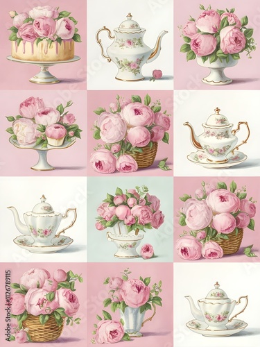 Vintage watercolor of a classic tea party. feature bouquets of pink flowers overflowing from baskets, teapots, vintage tea-time ambiance.