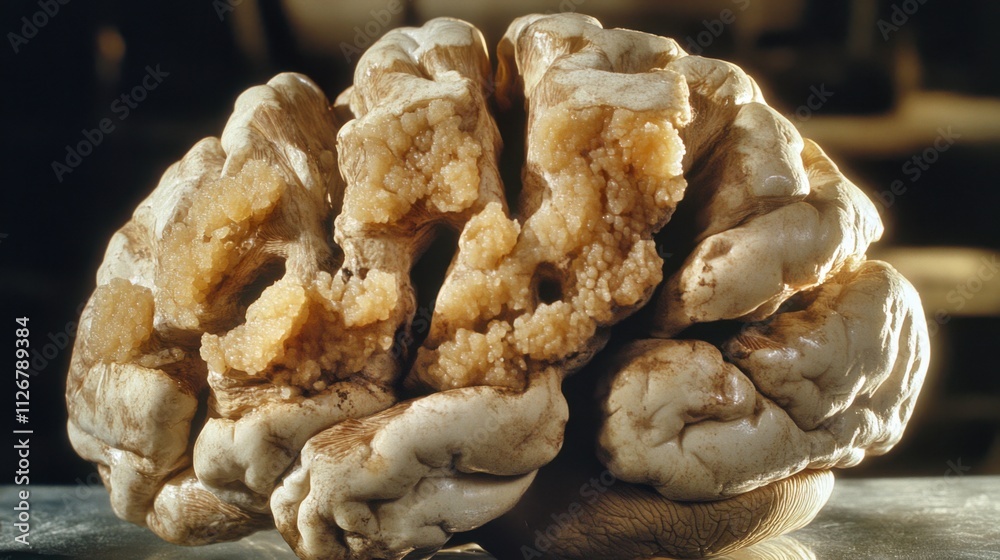 Close-up of human brain showing plaques. Understanding the complexities of neurological conditions through detailed anatomical study. Close-up of human brain showing plaques. Understanding the complexities of neurological conditions through detailed anatomical study.