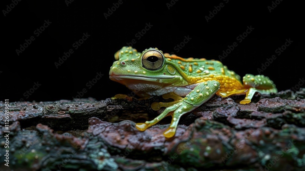 Fototapeta premium Vibrant green and gold frog perched on dark wood.