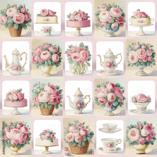 Vintage watercolor of a classic tea party. feature bouquets of pink flowers overflowing from baskets, teapots, vintage tea-time ambiance.